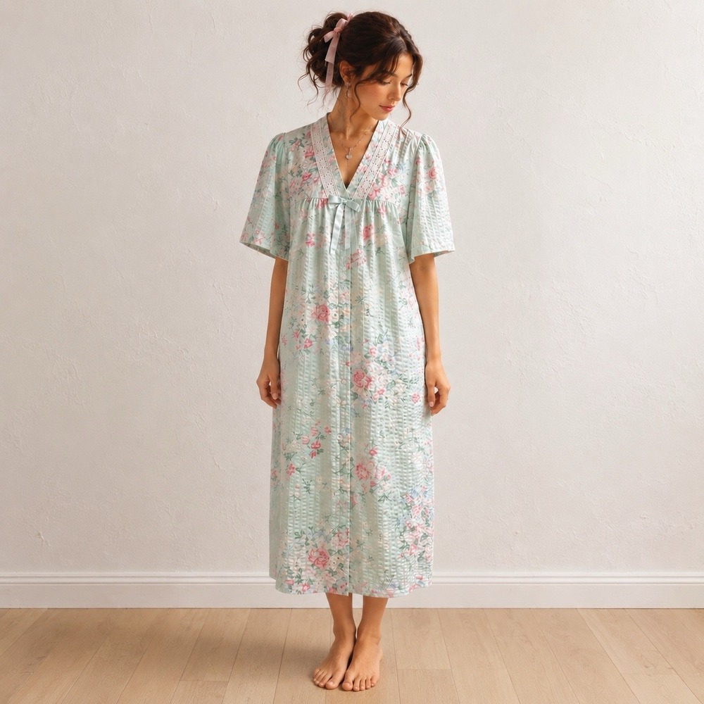 Vintage Cotton Robe Sz L XL Blue Pink Short Sleeve Floral Coquette Cottagecore